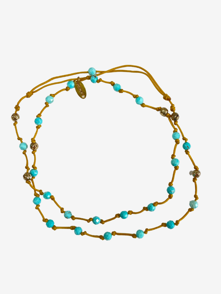 Bracelet collier et bijoux de tête en pierre semi-précieuse turquoise hématite. Boutique Mademoiselle Louise.