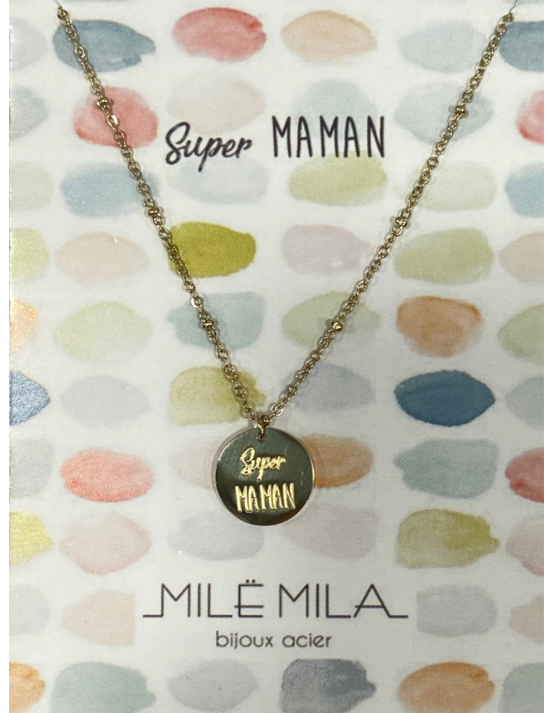 Collier pour maman en or acier inoxydable, réglable, inscription super maman. MELLE LOUISE.