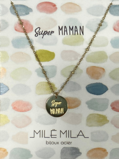 Collier pour maman en or acier inoxydable, réglable, inscription super maman. MELLE LOUISE.