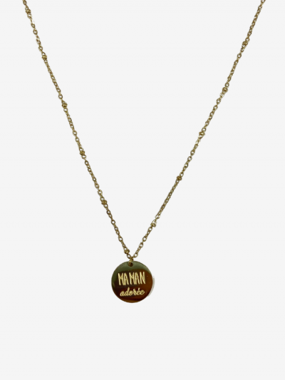 Collier pour maman en or acier inoxydable, réglable, inscription maman adorée. Boutique Mademoiselle Louise.