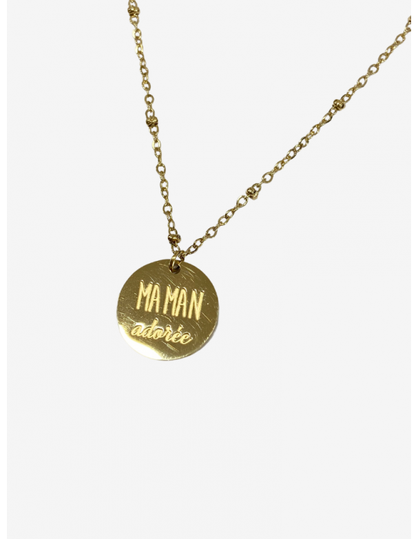 Collier pour maman en or acier inoxydable, réglable, inscription maman adorée. Boutique Mademoiselle Louise.
