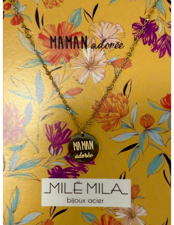 Collier pour maman en or acier inoxydable, réglable, inscription maman adorée. Boutique Mademoiselle Louise.