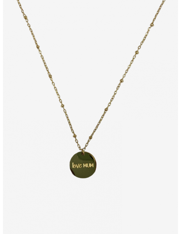 Collier pour maman en or acier inoxydable, réglable, inscription love mum. Boutique Mademoiselle Louise- Melle Louise.