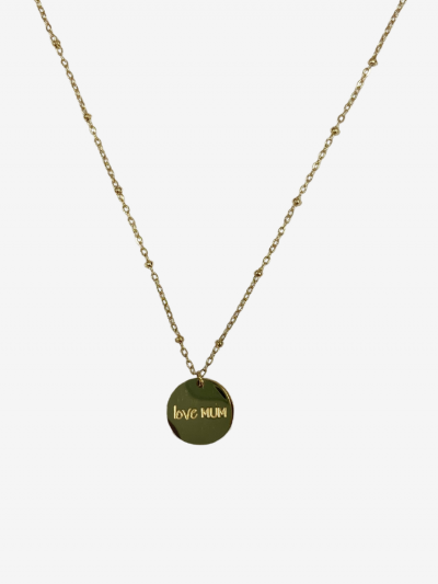 Collier pour maman en or acier inoxydable, réglable, inscription love mum. Boutique Mademoiselle Louise- Melle Louise.