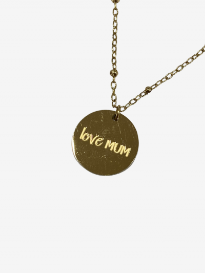 Collier pour maman en or acier inoxydable, réglable, inscription love mum. Boutique Mademoiselle Louise- Melle Louise.