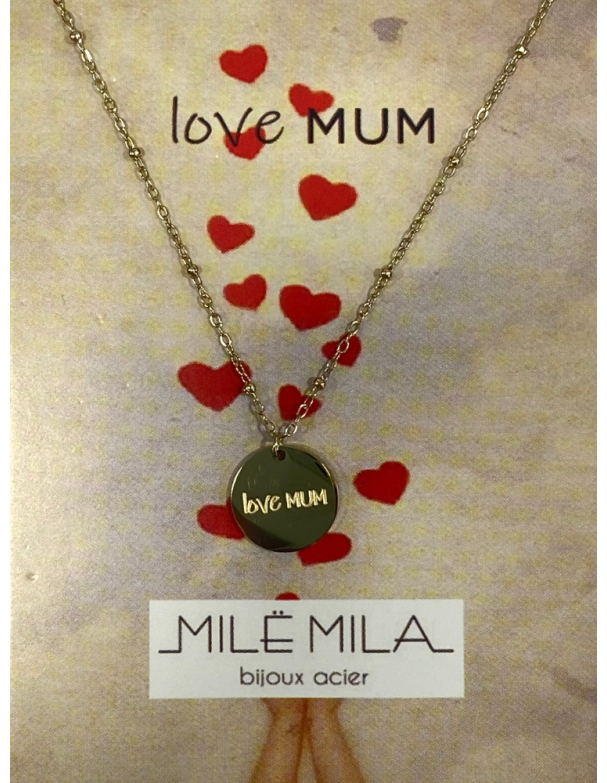 Collier pour maman en or acier inoxydable, réglable, inscription love mum. Boutique Mademoiselle Louise- Melle Louise.