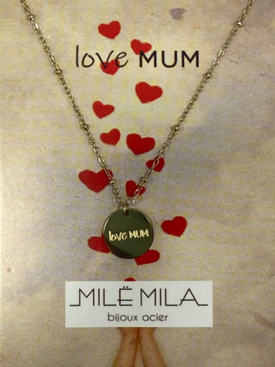 Collier pour maman en or acier inoxydable, réglable, inscription love mum. Boutique Mademoiselle Louise- Melle Louise.