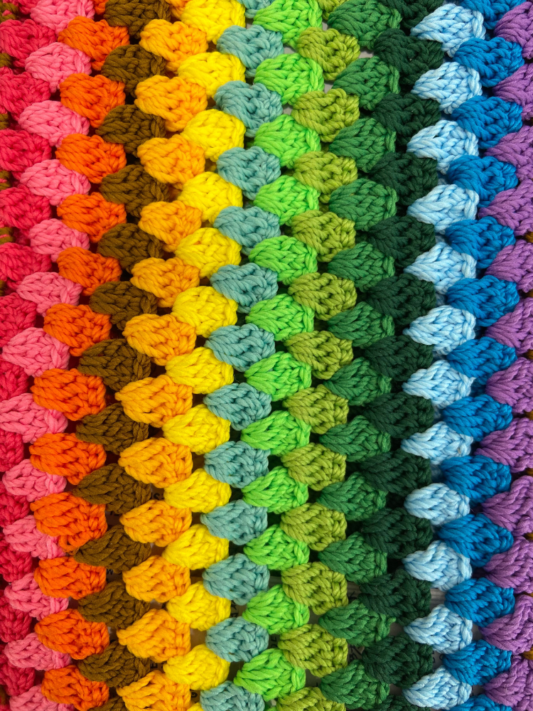 Petite pochette en crochet multicolore pour le téléphone et sa bandoulière réglable avec un noeud. Melle Louise.
