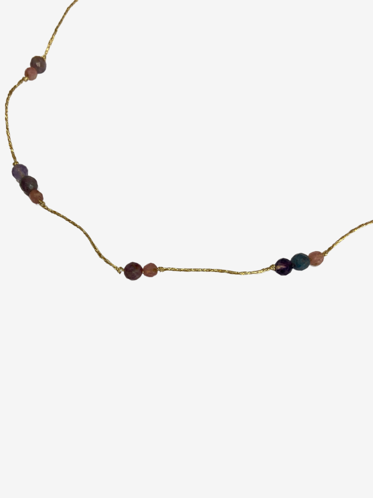 Ras de cou Rakhi me Raph Metalic en pierre fines différentes pierres : quartz fumé, saphirs multicolores et tourmaline rose