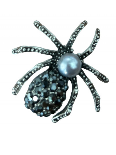 Broche fantaisie en forme d'araignée avec une perle et des strass argent. Boutique Mademoiselle Louise - Melle Louise.