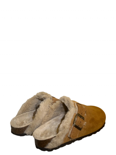 Sabots fourrés camel, semelle en cuire. Boutique Mademoiselle Louise - Melle Louise