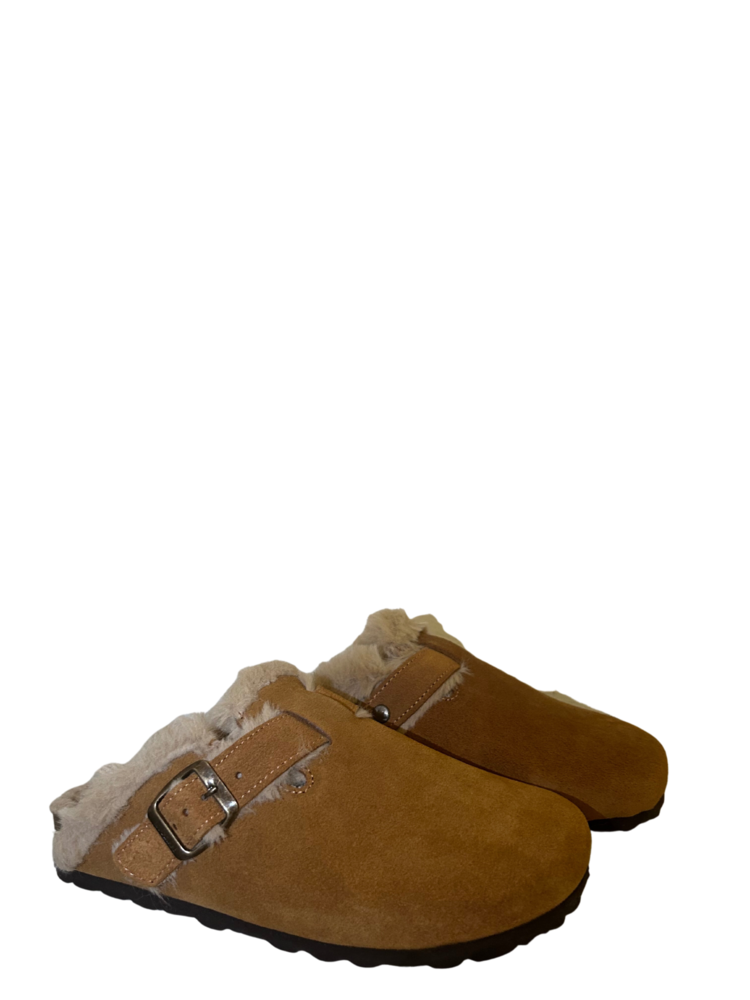 Sabots fourrés camel, semelle en cuire. Boutique Mademoiselle Louise - Melle Louise