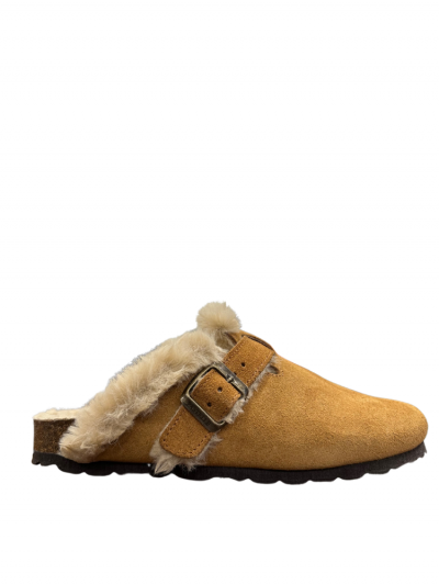 Sabots fourrés camel, semelle en cuire. Boutique Mademoiselle Louise - Melle Louise