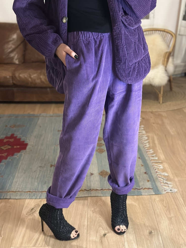 Pantalon violet taille élastique en velours. Boutique Mademoiselle Louise - MELLE LOUISE.