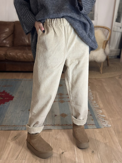 Pantalon en coton velours beige taille élastique. Boutique Mademoiselle Louise - MELLE LOUISE.