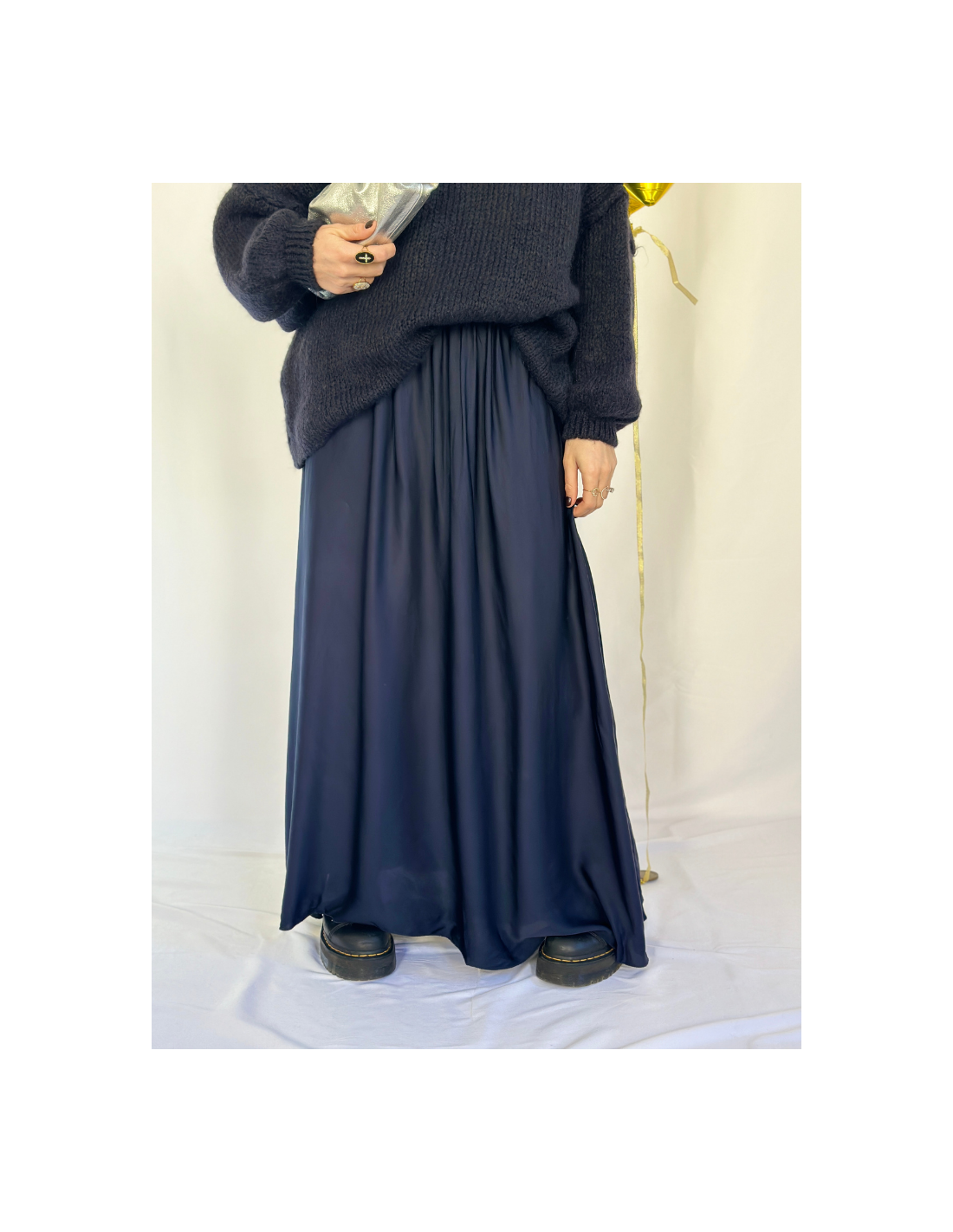 Jupe longue effet satin coupe droite marine femme / Boutique