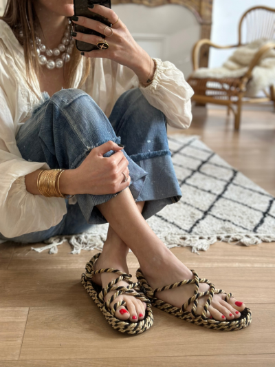Sandales Nomadic TOE JOE noir beige & gold. Sandales en corde faites main Nomadic. Melle Louise.
