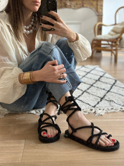 Sandales en corde Nomadic faites Main femme ISLA noir. Sandales Nomadic noir. Mademoiselle Louise.