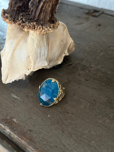 Bague malachite lapiz lazuli cabochon facetté pierre naturelle ovale , réglable. Boutique Mademoiselle Louise