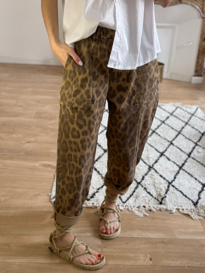Pantalon léopard femme Banditas. Pantalon léopard Banditas taille élastique avec passants. Mademoiselle Louise.