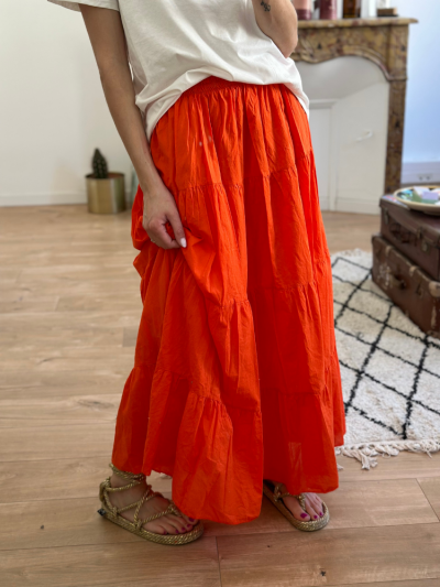 Jupe longue à volants orange. Jupe longue taille élastique en coton. Mademoiselle Louise.