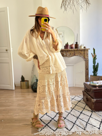 Jupe en crochet écru taille élastique. Jupe en crochet doublée. Mademoiselle Louise.