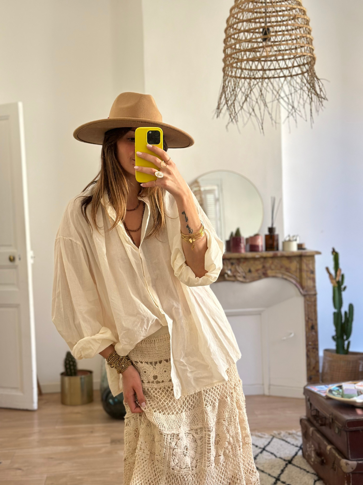 Jupe en crochet écru taille élastique. Jupe en crochet doublée. Mademoiselle Louise.