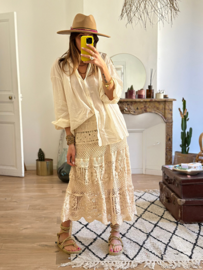 Jupe en crochet écru taille élastique. Jupe en crochet doublée. Mademoiselle Louise.