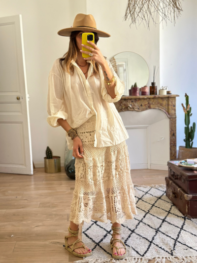 Jupe en crochet écru taille élastique. Jupe en crochet doublée. Mademoiselle Louise.