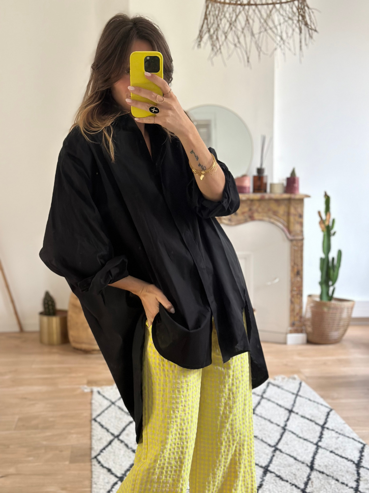 Chemise longue noir oversize femme. Chemise noir longue. Mademoiselle Louise.