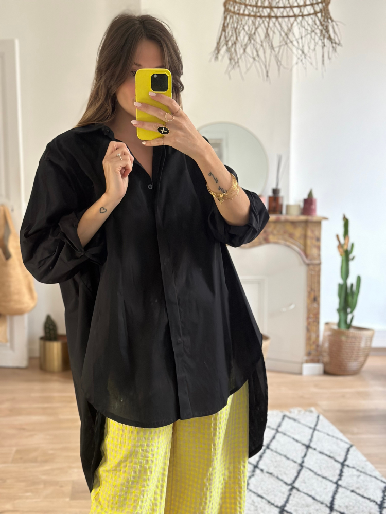 Chemise longue noir oversize femme. Chemise noir longue. Mademoiselle Louise.
