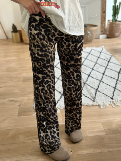 Pantalon léopard fluide coupe droite. Pantalon taille élastique léopard. Mademoiselle Louise.