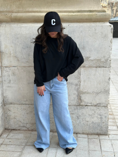 T-shirt loose 100% coton manches longues noir. Boutique Mademoiselle Louise.