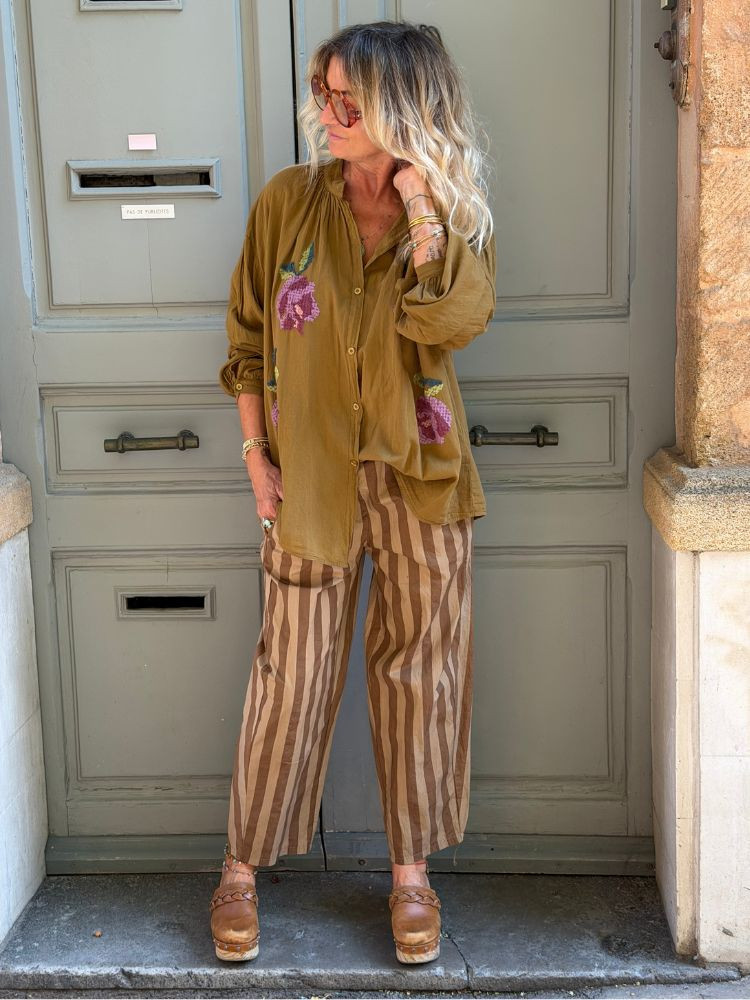 Pantalon ALBAN rayé camel & beige