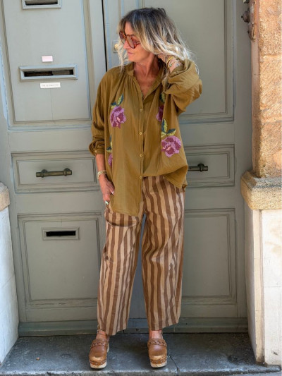 Pantalon ALBAN rayé camel & beige