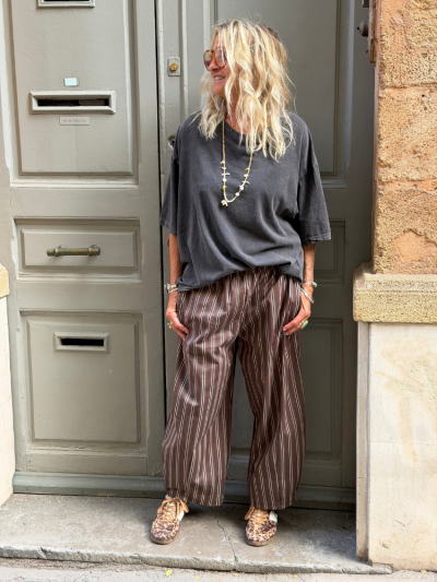 Pantalon JESSY choco rayé blanc