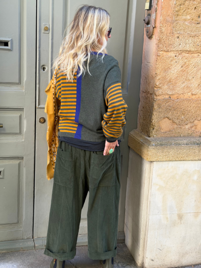 Pull LUCIA marinière kaki & jaune