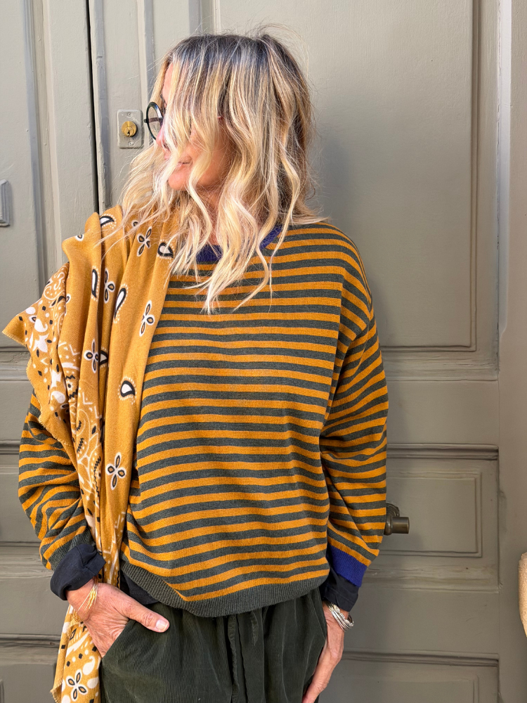 Pull LUCIA marinière kaki & jaune