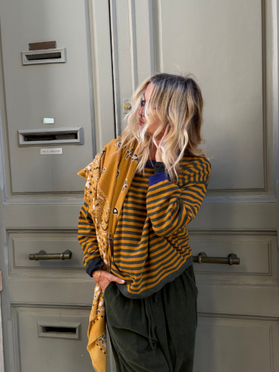 Pull LUCIA marinière kaki & jaune